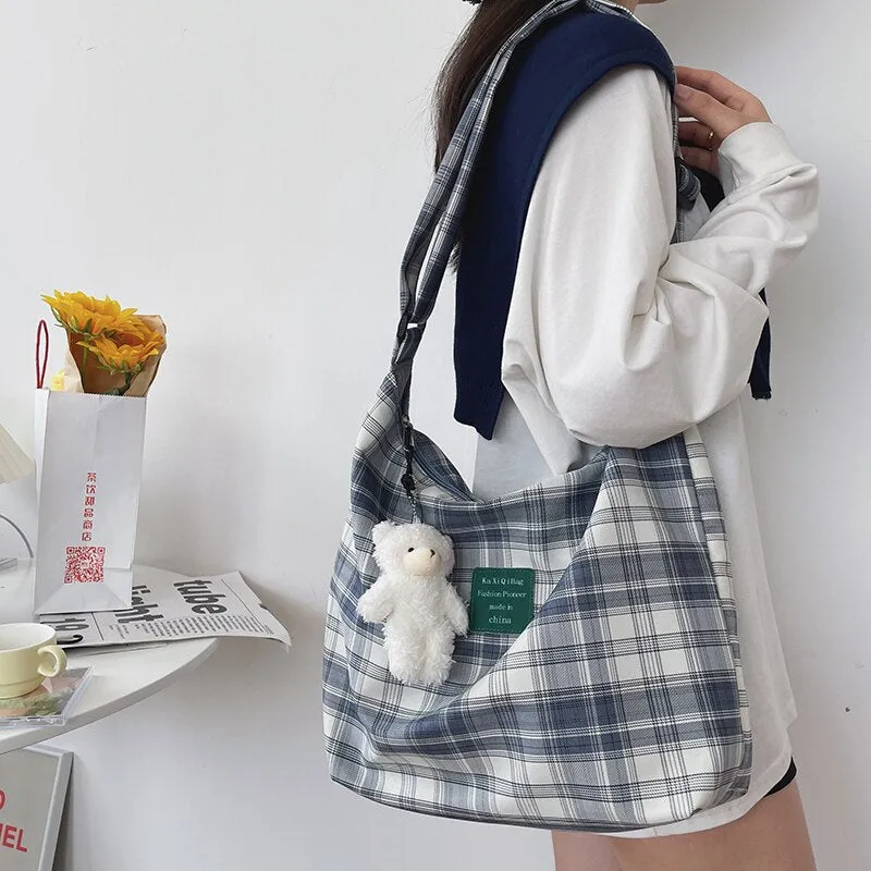Back to College Casual Plaid Shoulder Bag Women's Large Capacity Totes Ladies Cute Trendy Bucket Handbag Shopper Big Purses for Girls Schoolbags