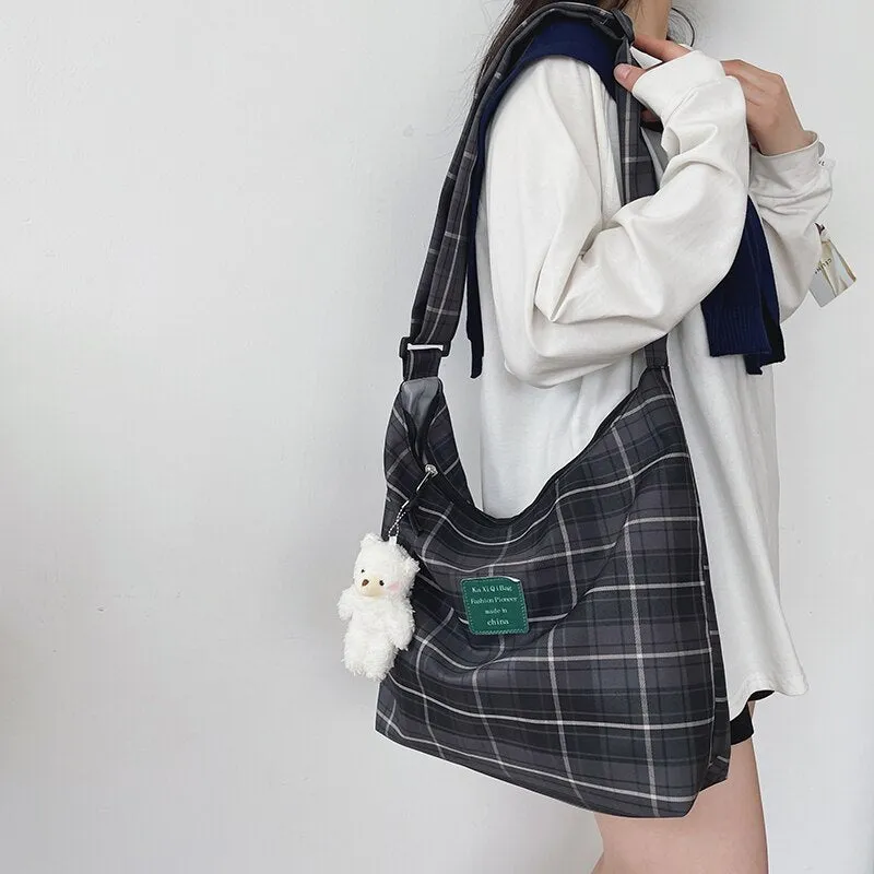 Back to College Casual Plaid Shoulder Bag Women's Large Capacity Totes Ladies Cute Trendy Bucket Handbag Shopper Big Purses for Girls Schoolbags