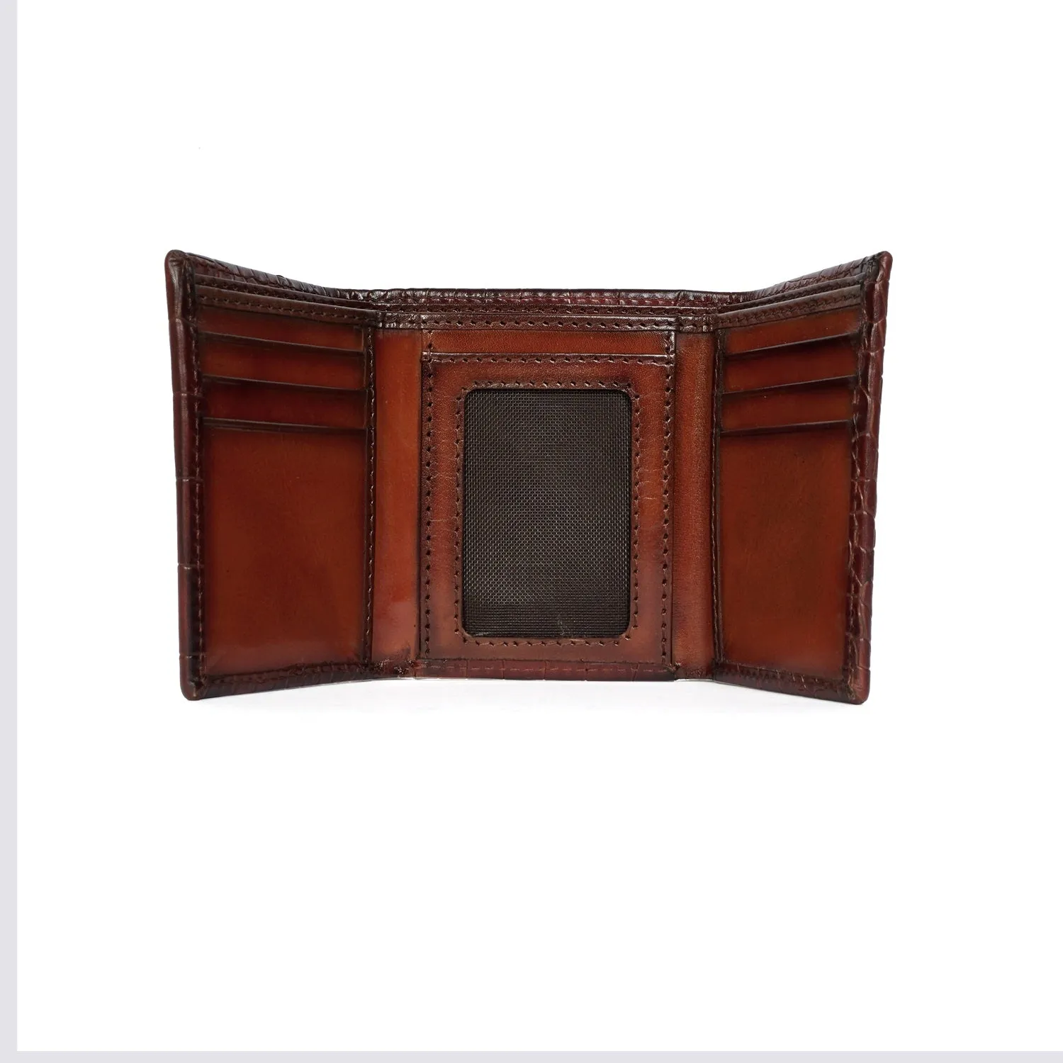 Burnished Tri-Fold Wallet in Tan Deep Cut Leather