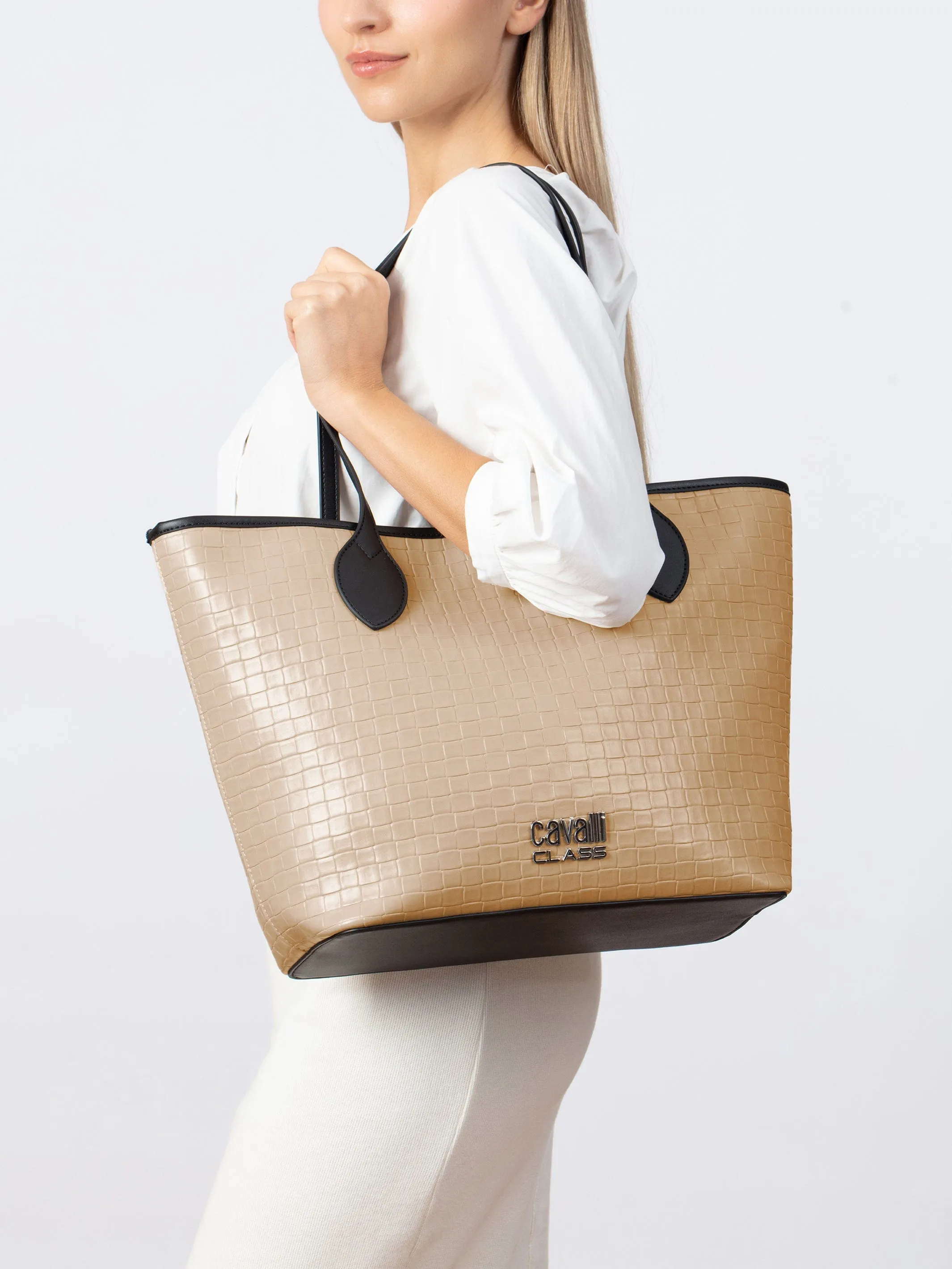 Cavalli Class Beige Everyday Soft Large Shopper Tote Bag