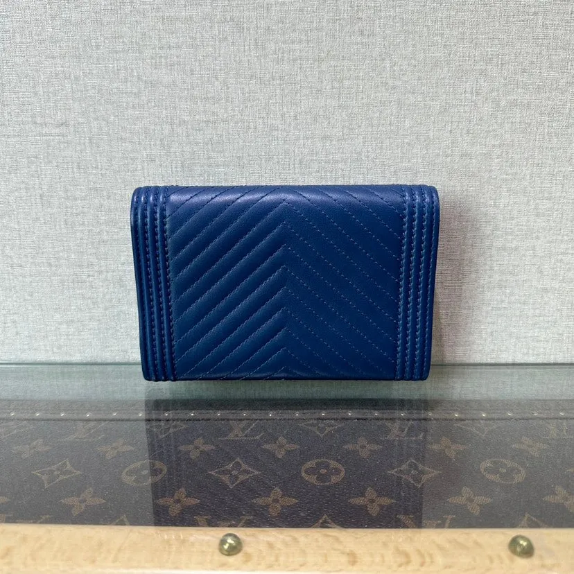 Chanel Leboy Navy Leather Chevron Wallet 15cm x 10cm x 2cm