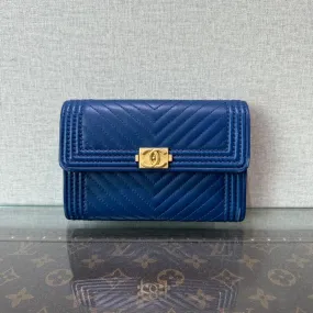 Chanel Leboy Navy Leather Chevron Wallet 15cm x 10cm x 2cm