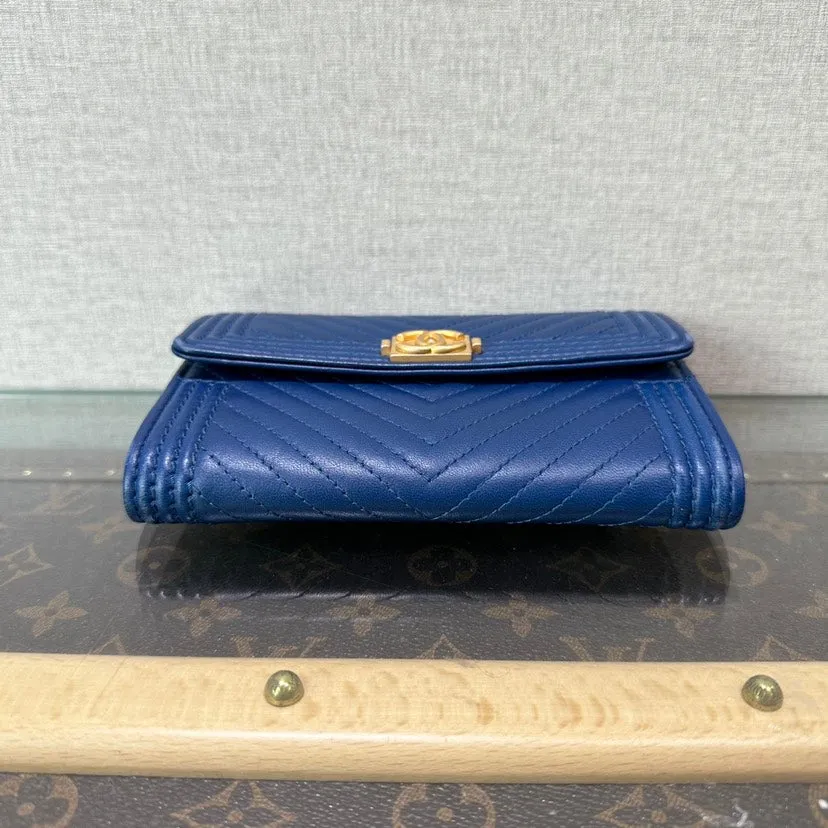 Chanel Leboy Navy Leather Chevron Wallet 15cm x 10cm x 2cm