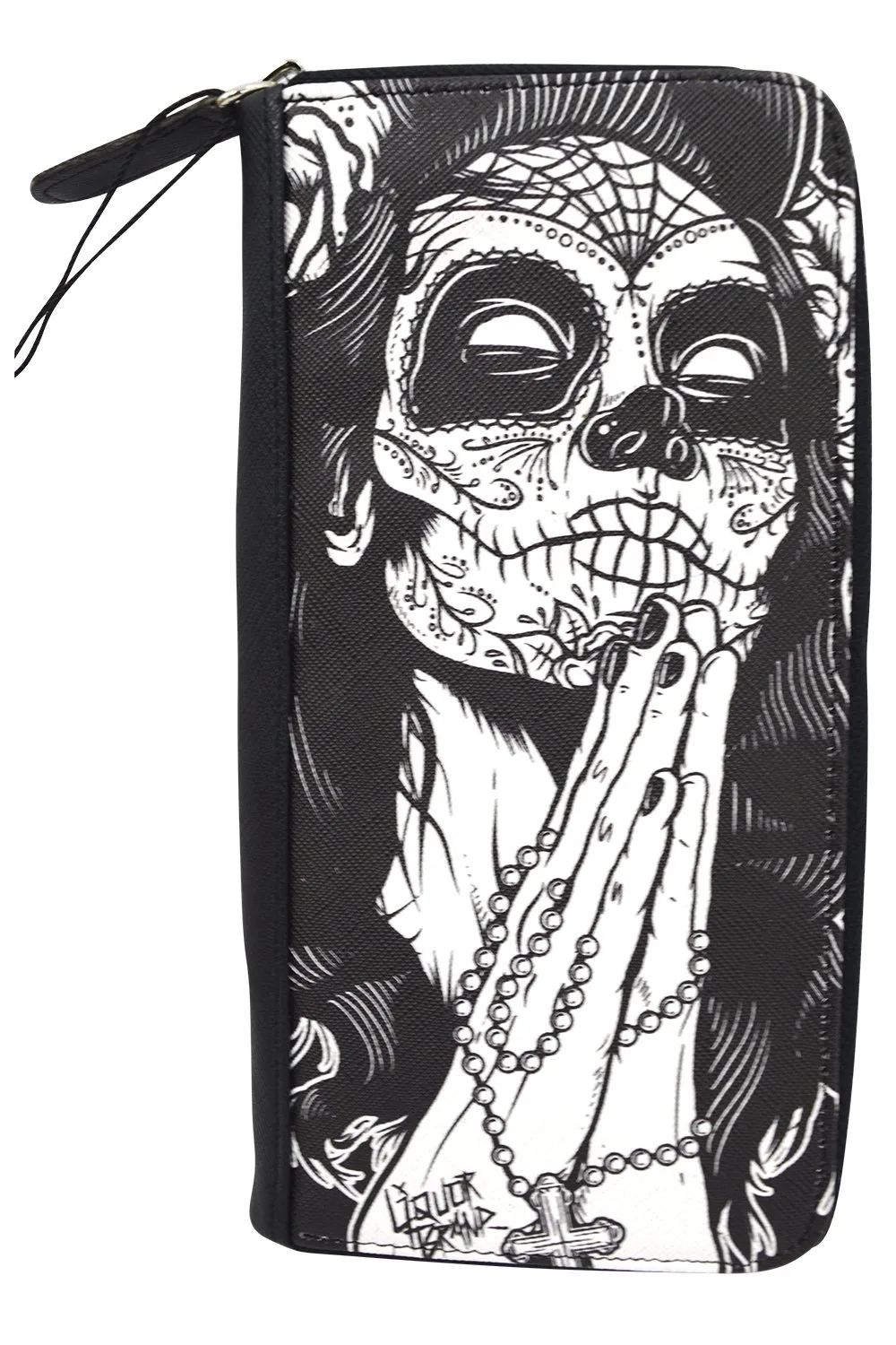 Liquorbrand Gypsy rose Praying Sugar Skull Woman Tattoo Skull zip around clutch Wallet