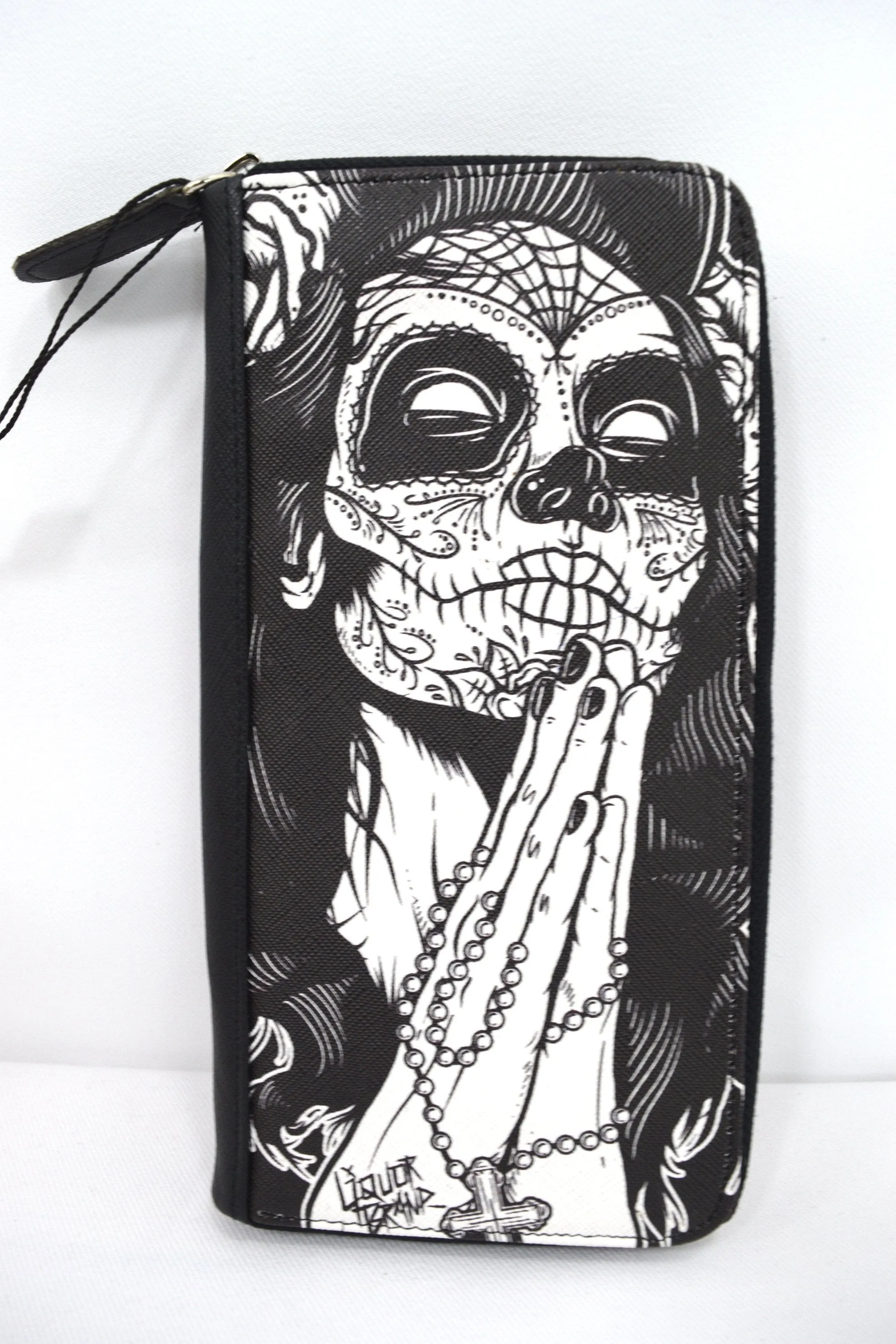 Liquorbrand Gypsy rose Praying Sugar Skull Woman Tattoo Skull zip around clutch Wallet