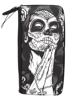 Liquorbrand Gypsy rose Praying Sugar Skull Woman Tattoo Skull zip around clutch Wallet