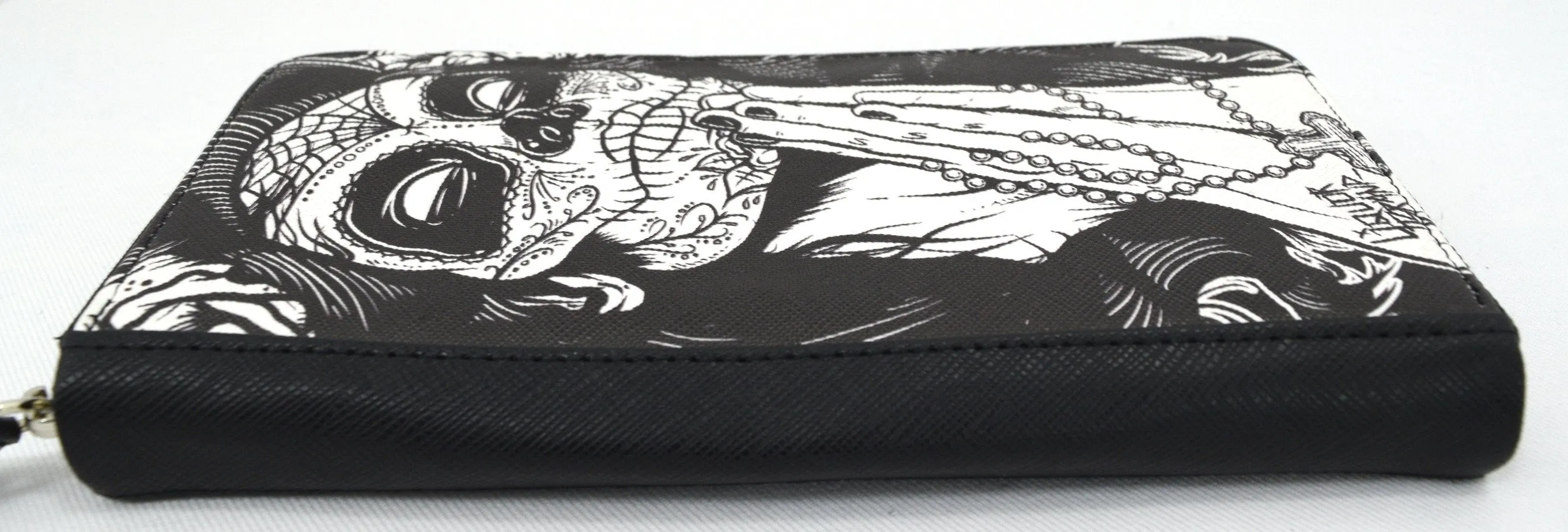 Liquorbrand Gypsy rose Praying Sugar Skull Woman Tattoo Skull zip around clutch Wallet