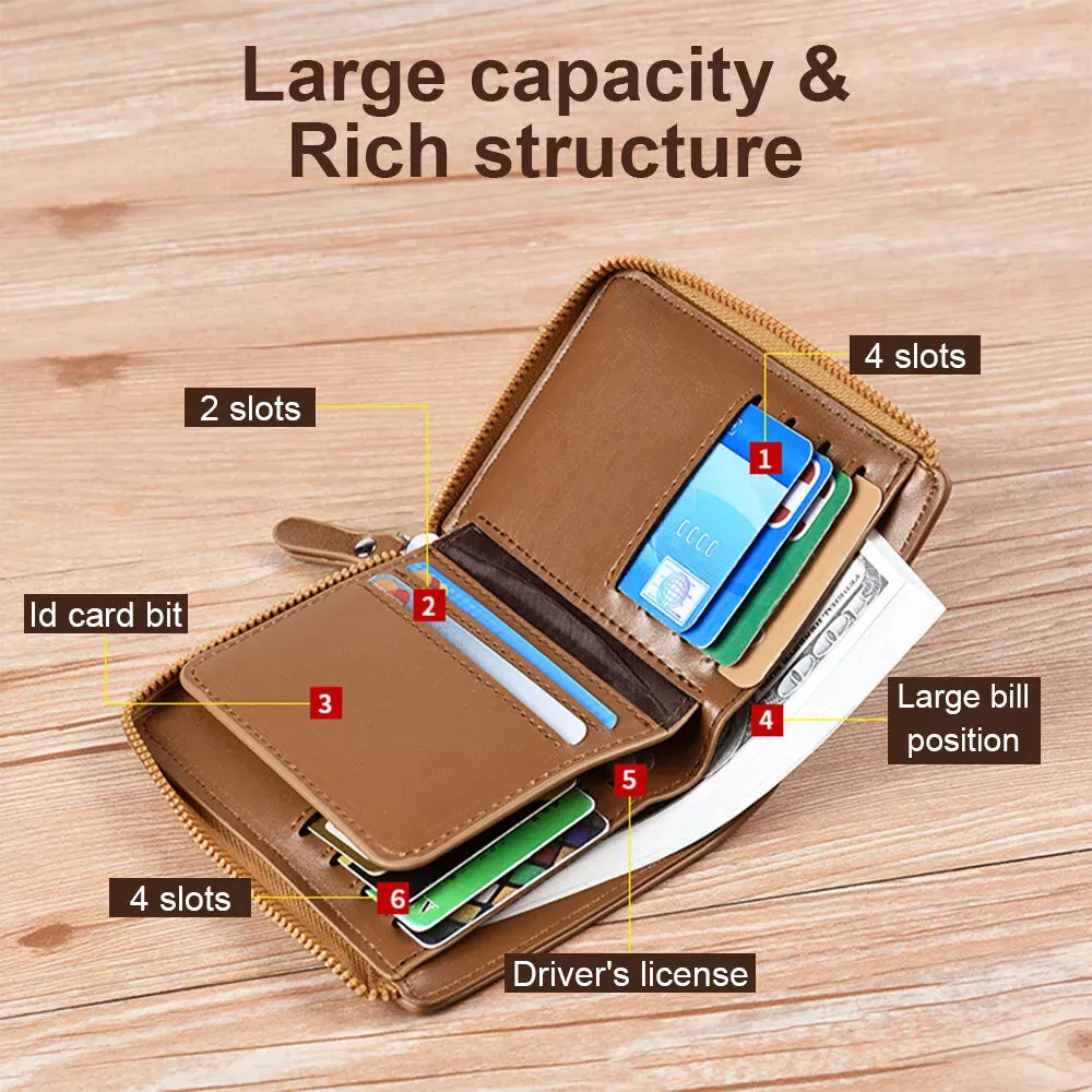 Men’s RFID Blocking Wallet with Zipper Multi Credit Card Holder Khaki   Brown   Black