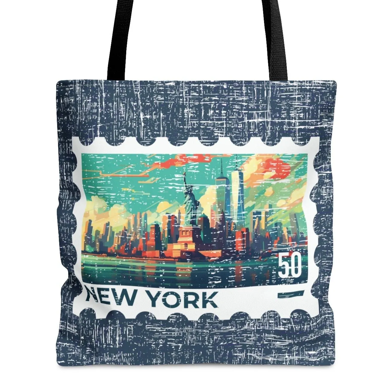 New York City Stamp Large Tote Bag - Iconic Big Apple Skyline on Blue Canvas