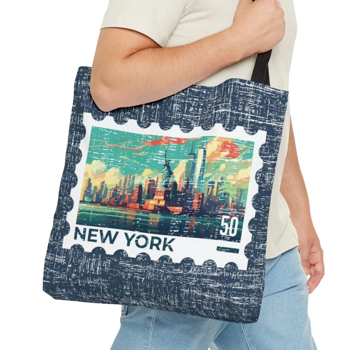 New York City Stamp Large Tote Bag - Iconic Big Apple Skyline on Blue Canvas