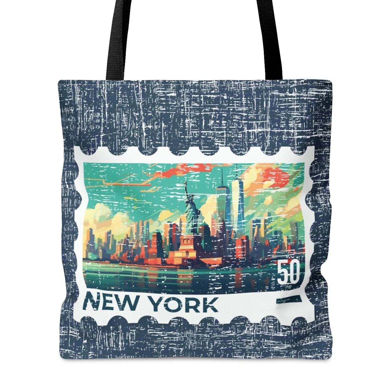 New York City Stamp Large Tote Bag - Iconic Big Apple Skyline on Blue Canvas