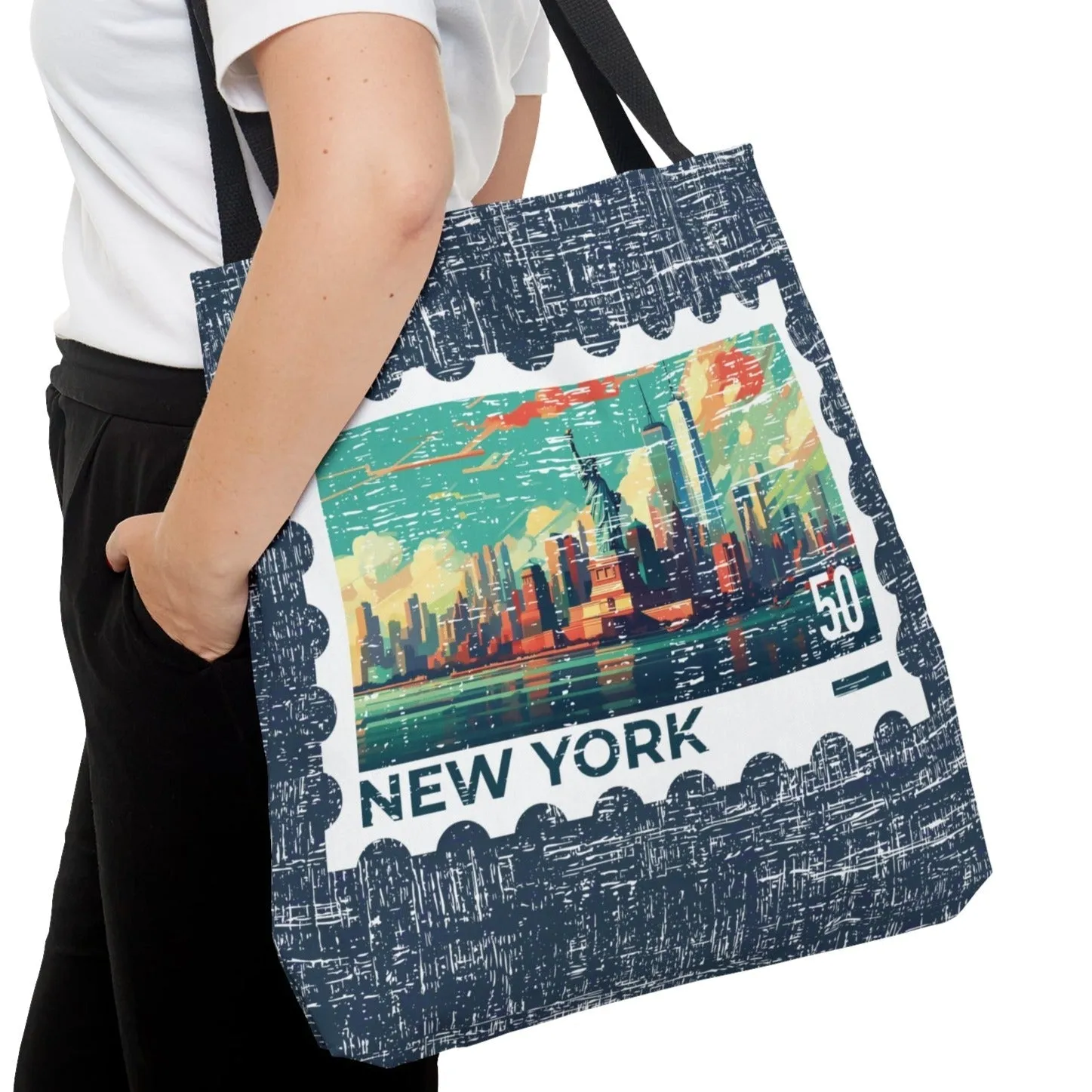 New York City Stamp Large Tote Bag - Iconic Big Apple Skyline on Blue Canvas
