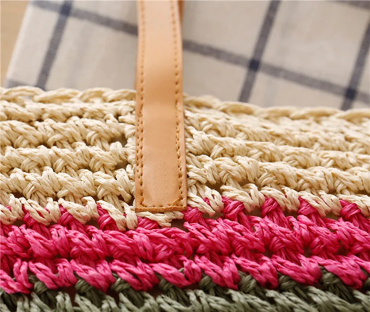 Rainbow Contrast Striped One-Shoulder Straw Bag Beach Bag Mori Women Bag Casual Bag