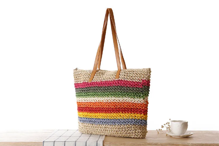 Rainbow Contrast Striped One-Shoulder Straw Bag Beach Bag Mori Women Bag Casual Bag