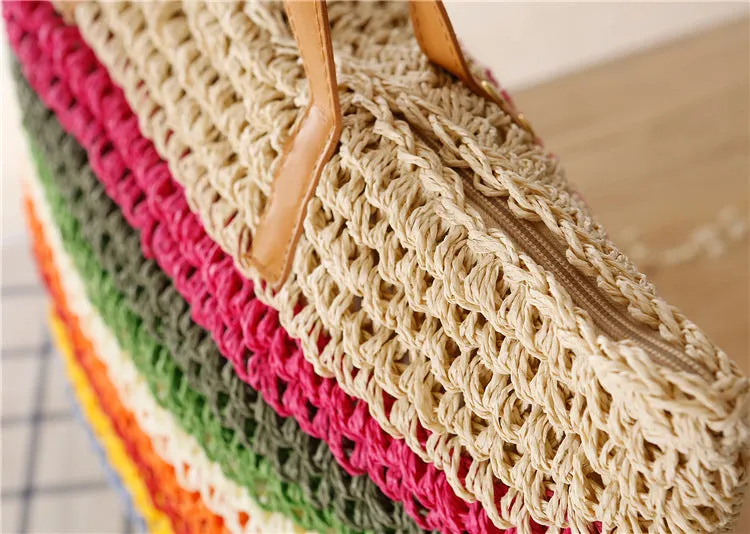 Rainbow Contrast Striped One-Shoulder Straw Bag Beach Bag Mori Women Bag Casual Bag