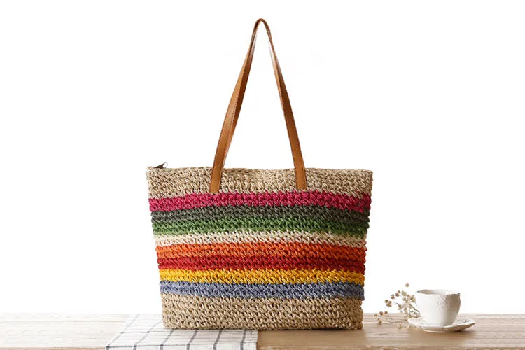 Rainbow Contrast Striped One-Shoulder Straw Bag Beach Bag Mori Women Bag Casual Bag