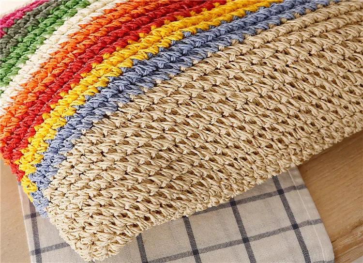 Rainbow Contrast Striped One-Shoulder Straw Bag Beach Bag Mori Women Bag Casual Bag