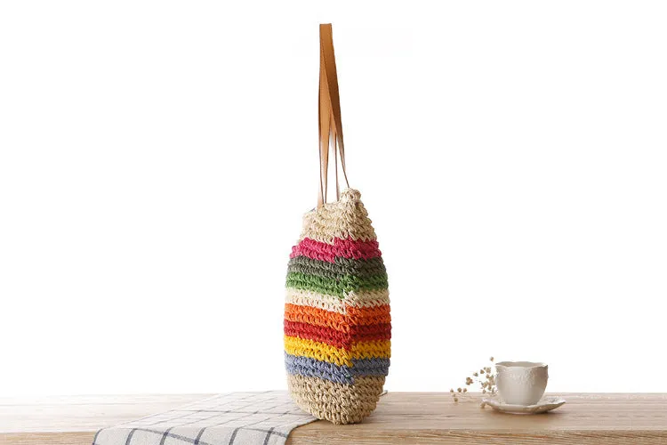 Rainbow Contrast Striped One-Shoulder Straw Bag Beach Bag Mori Women Bag Casual Bag