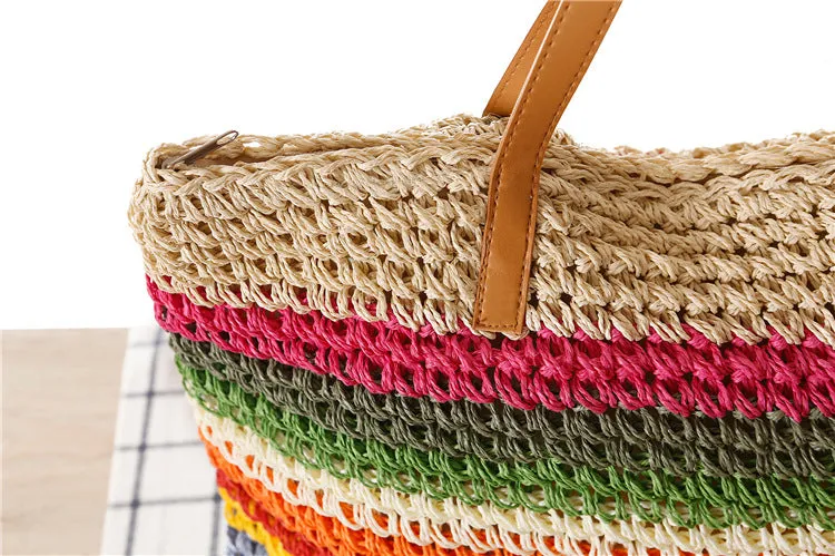 Rainbow Contrast Striped One-Shoulder Straw Bag Beach Bag Mori Women Bag Casual Bag