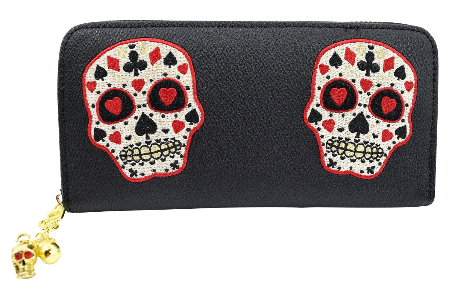 Rockabilly Deck of Cards Skull Embroidered Zip Around Wallet