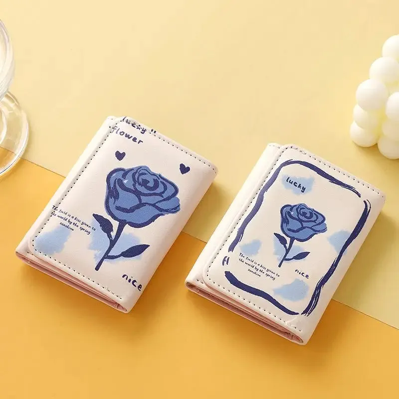 UAKISS  - Elegant Rose Wallets for Women Cute Pu Leather Blue Fashion Casual Card Wallet Harajuku Female Aesthetic New Pretty Purses