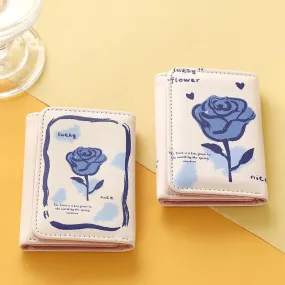 UAKISS  - Elegant Rose Wallets for Women Cute Pu Leather Blue Fashion Casual Card Wallet Harajuku Female Aesthetic New Pretty Purses