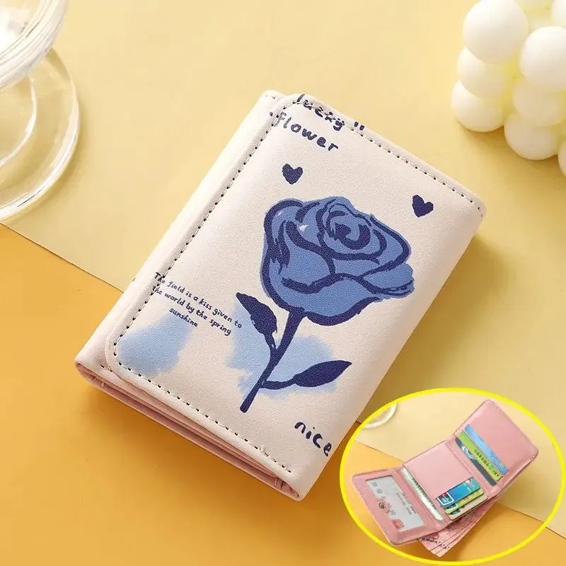UAKISS  - Elegant Rose Wallets for Women Cute Pu Leather Blue Fashion Casual Card Wallet Harajuku Female Aesthetic New Pretty Purses