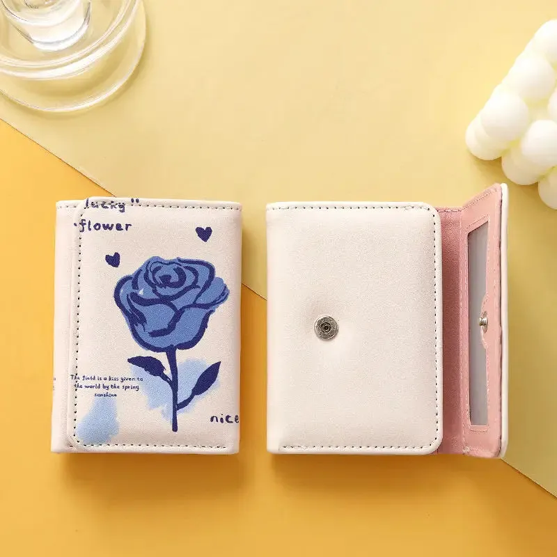 UAKISS  - Elegant Rose Wallets for Women Cute Pu Leather Blue Fashion Casual Card Wallet Harajuku Female Aesthetic New Pretty Purses