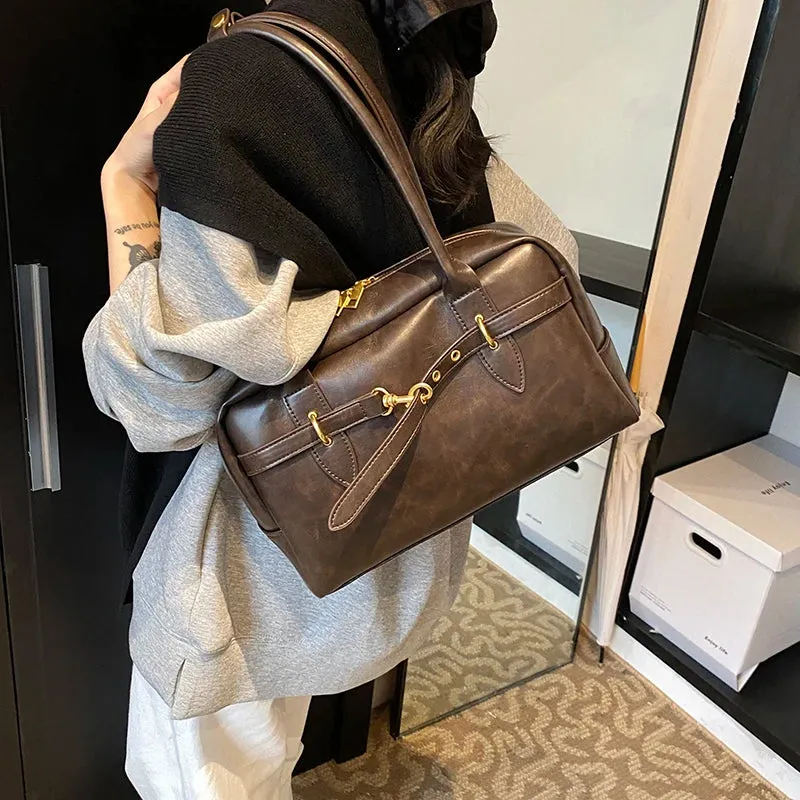 Uakiss Square Shoulder Bags For Women Retro Small Boston Bag Pure Color PU Leather Large Capacity Totes Latest Trend Handbag