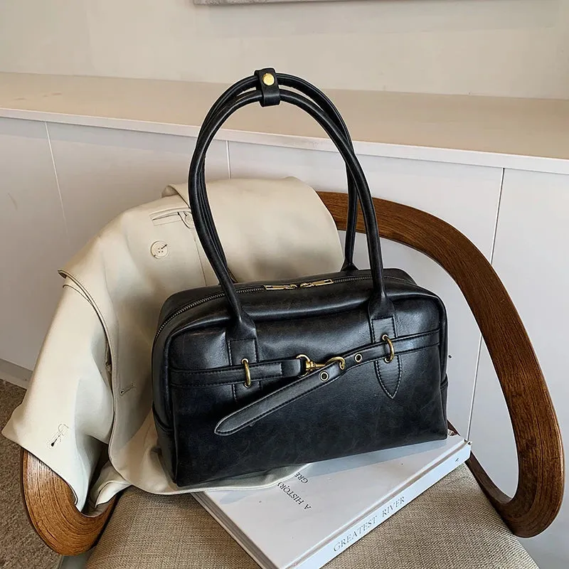 Uakiss Square Shoulder Bags For Women Retro Small Boston Bag Pure Color PU Leather Large Capacity Totes Latest Trend Handbag