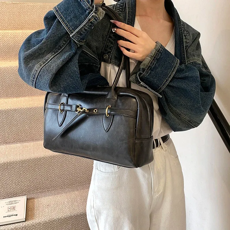 Uakiss Square Shoulder Bags For Women Retro Small Boston Bag Pure Color PU Leather Large Capacity Totes Latest Trend Handbag