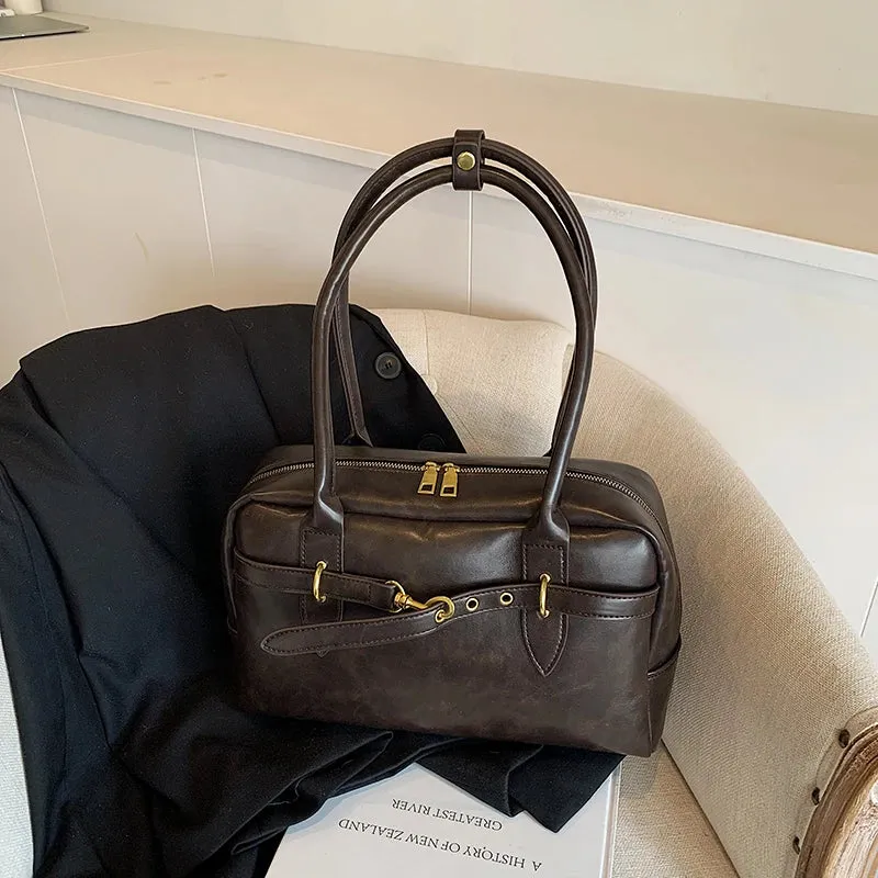 Uakiss Square Shoulder Bags For Women Retro Small Boston Bag Pure Color PU Leather Large Capacity Totes Latest Trend Handbag