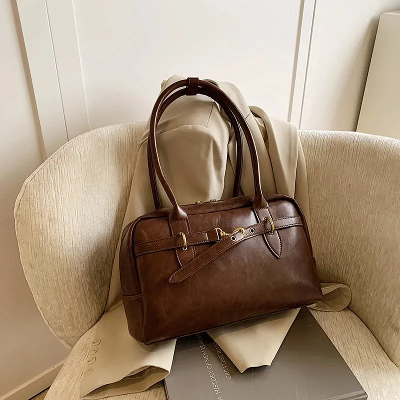 Uakiss Square Shoulder Bags For Women Retro Small Boston Bag Pure Color PU Leather Large Capacity Totes Latest Trend Handbag