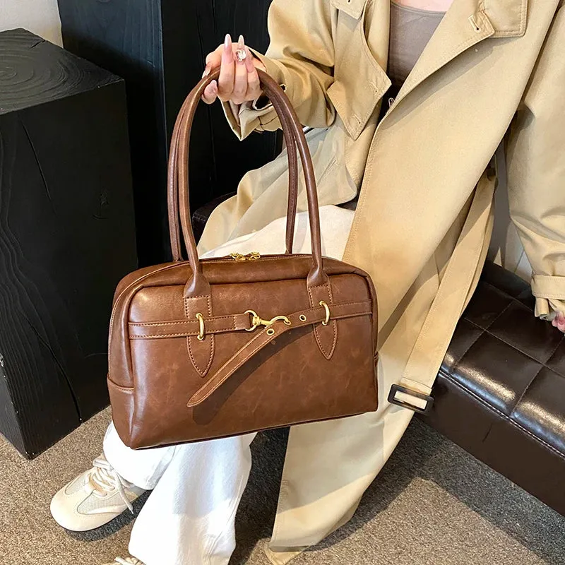 Uakiss Square Shoulder Bags For Women Retro Small Boston Bag Pure Color PU Leather Large Capacity Totes Latest Trend Handbag