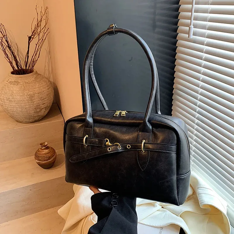 Uakiss Square Shoulder Bags For Women Retro Small Boston Bag Pure Color PU Leather Large Capacity Totes Latest Trend Handbag
