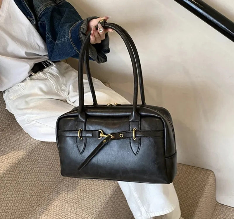 Uakiss Square Shoulder Bags For Women Retro Small Boston Bag Pure Color PU Leather Large Capacity Totes Latest Trend Handbag